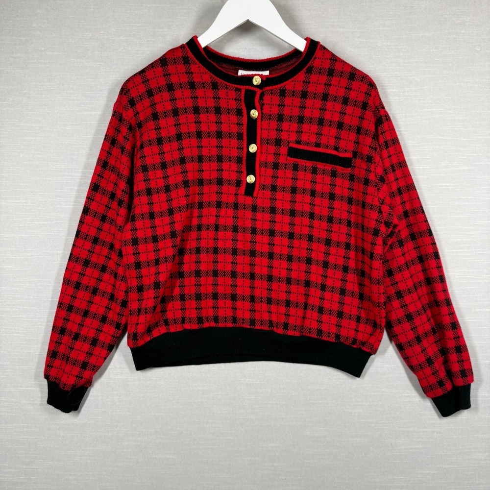 Vintage Kate Allen Sweater Womens Large Red Black Plaid Buttons Old Money Chic